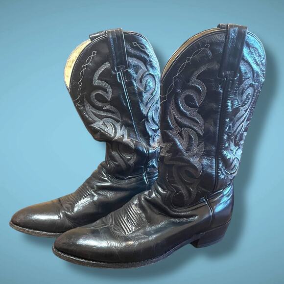 Men's Sz 11EW DAN POST Black Leather Western Boots VGUC - Picture 1 of 13